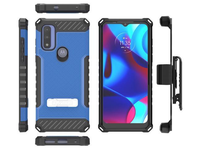 Rugged Blue Case Cover Stand + Belt Clip + Strap for Moto G Pure / G Power 2022