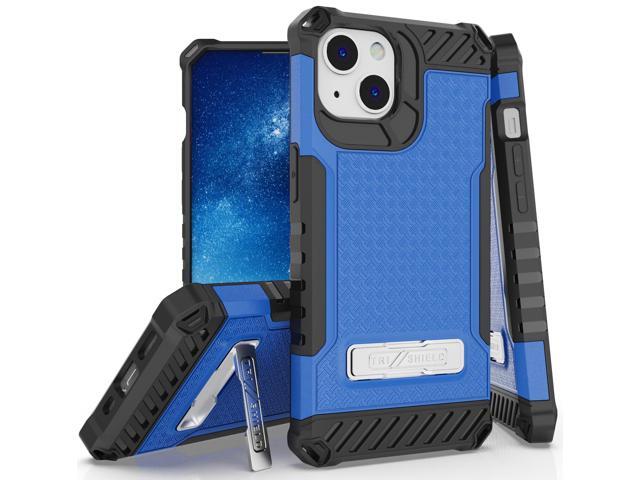 Blue Hybrid Anti-Shock Case Cover with Metal Kickstand and Strap for iPhone 13