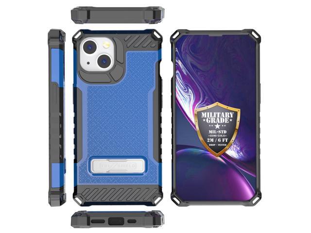 Blue Hybrid Anti-Shock Case Cover with Metal Kickstand and Strap for iPhone 13