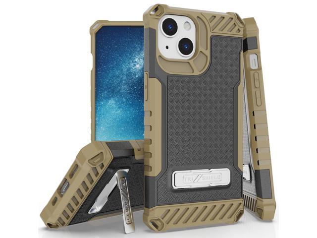 Brown Hybrid Anti-Shock Case Cover with Metal Kickstand and Strap for iPhone 13
