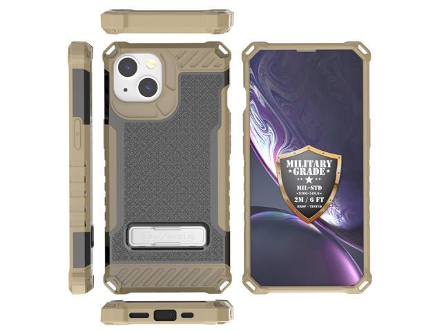 Brown Hybrid Anti-Shock Case Cover with Metal Kickstand and Strap for iPhone 13