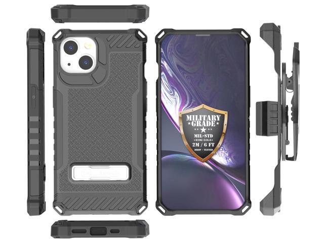 Black Rugged Case Cover with Stand + Belt Clip Holster + Strap for iPhone 13