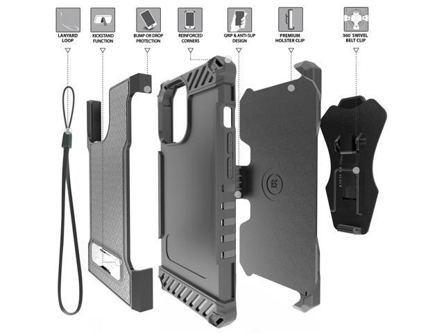 Black Rugged Case Cover with Stand + Belt Clip Holster + Strap for iPhone 13