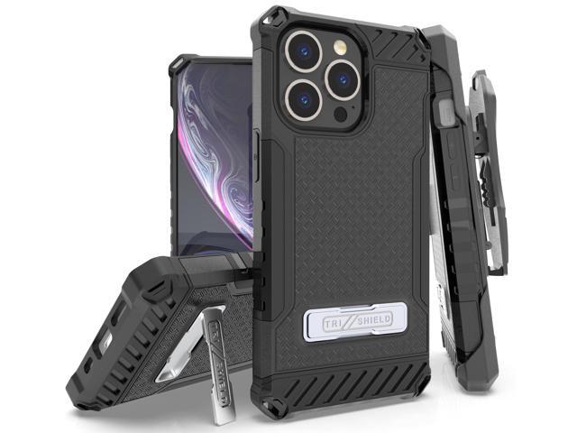 Black Rugged Case Cover with Stand + Belt Clip Holster + Strap for iPhone 13 Pro
