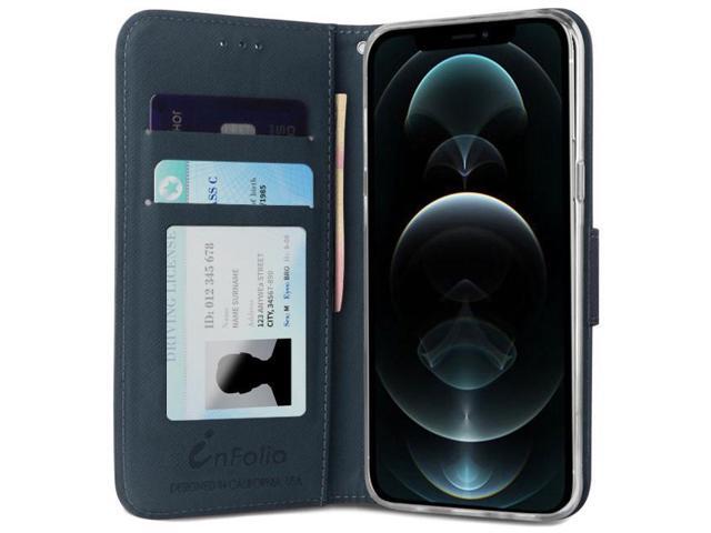 Navy/Brown Wallet Case Credit Card ID Slot and Lanyard Strap for iPhone 13 Pro