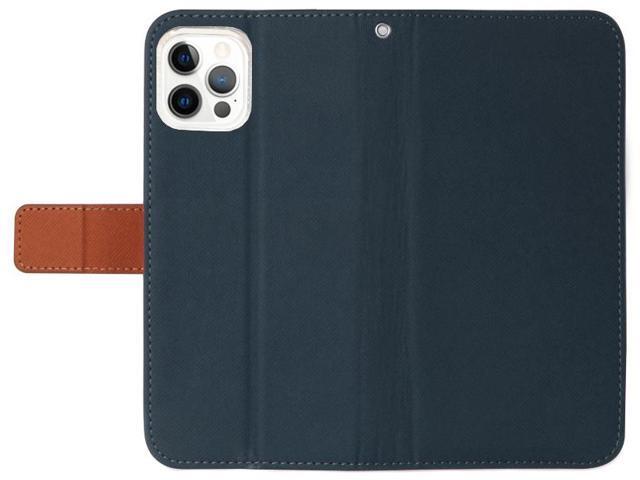 Navy/Brown Wallet Case Credit Card ID Slot and Lanyard Strap for iPhone 13 Pro