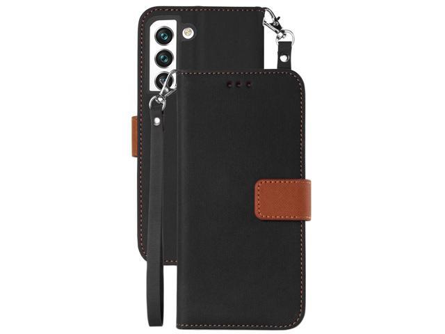 Black/Brown Wallet Case CRedit Card ID Slot and Wrist Strap for Galaxy S22 Plus