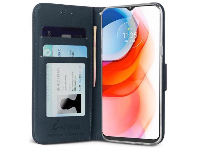 Navy/Brown Wallet Case Card Slot Lanyard Strap for Motorola Moto G Play 2021