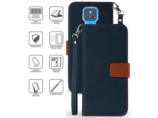 Navy/Brown Wallet Case Card Slot Lanyard Strap for Motorola Moto G Play 2021