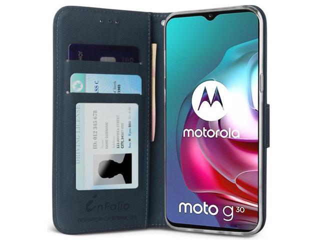 Navy/Brown Wallet Case Credit Card Slot Lanyard Strap for Motorola Moto G30 G10