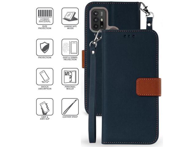 Navy/Brown Wallet Case Credit Card Slot Lanyard Strap for Motorola Moto G30 G10