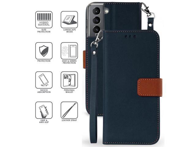 Navy/Brown Wallet Case Credit Card Slot Lanyard for Samsung Galaxy S21 Plus 5G