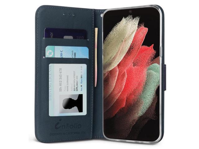 Navy/Brown Wallet Case Credit Card Slot Lanyard for Samsung Galaxy S21 Ultra 5G