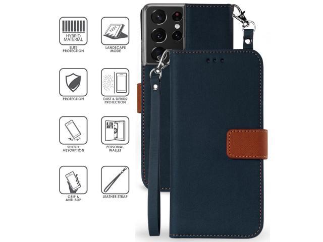 Navy/Brown Wallet Case Credit Card Slot Lanyard for Samsung Galaxy S21 Ultra 5G