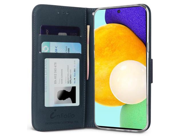 Navy/Brown Wallet Case Credit Card Slot Lanyard Strap for Samsung Galaxy A72 5G