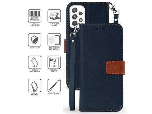Navy/Brown Wallet Case Credit Card Slot Lanyard Strap for Samsung Galaxy A72 5G