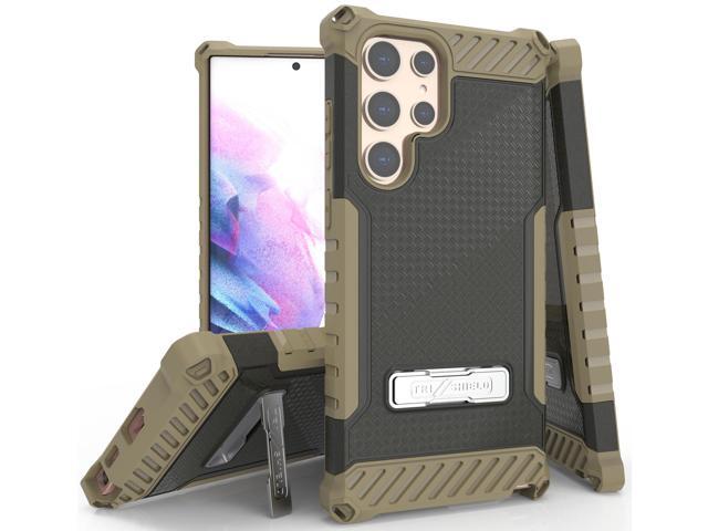 Brown Hybrid Anti-Shock Case Cover Kickstand and Strap for Galaxy S22 Ultra 5G