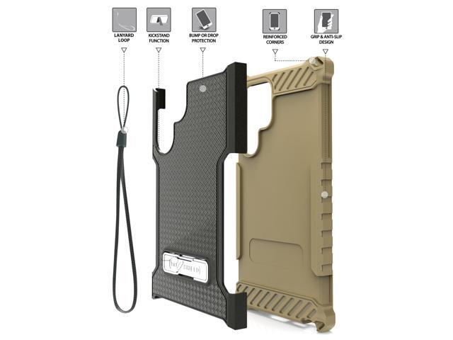 Brown Hybrid Anti-Shock Case Cover Kickstand and Strap for Galaxy S22 Ultra 5G