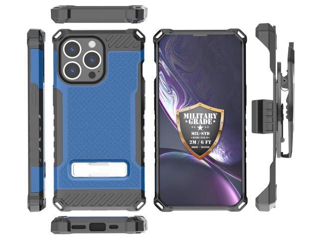 Blue Rugged Case Cover with Stand + Belt Clip Holster + Strap for iPhone 13 Pro