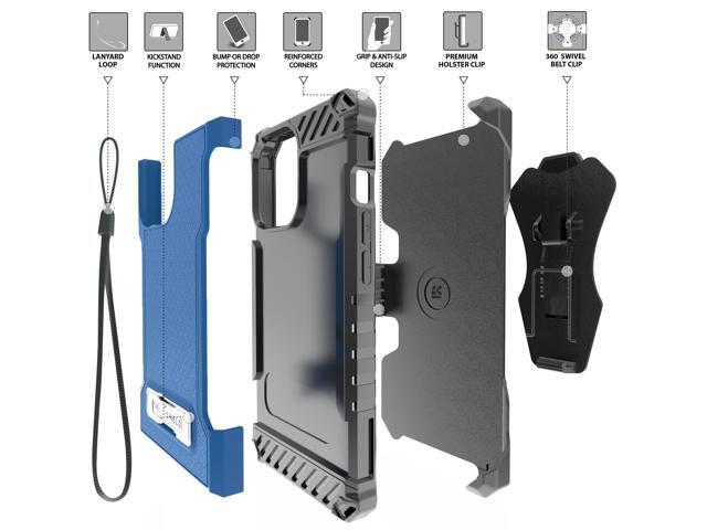 Blue Rugged Case Cover with Stand + Belt Clip Holster + Strap for iPhone 13 Pro