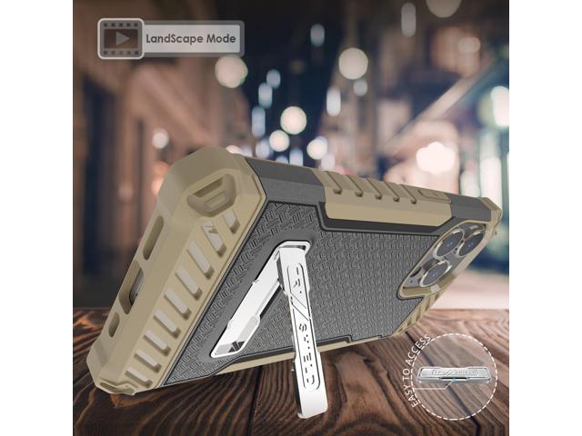 Brown Rugged Case Cover with Stand + Belt Clip Holster + Strap for iPhone 13 Pro