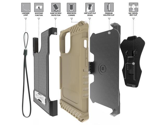 Brown Rugged Case Cover with Stand + Belt Clip Holster + Strap for iPhone 13 Pro