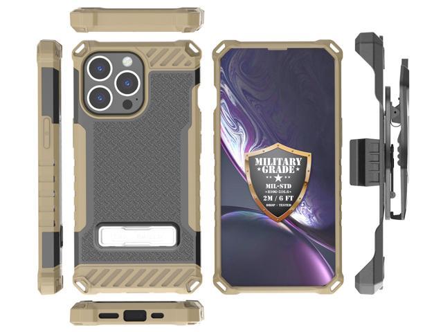 Brown Rugged Case Cover with Stand + Belt Clip Holster + Strap for iPhone 13 Pro