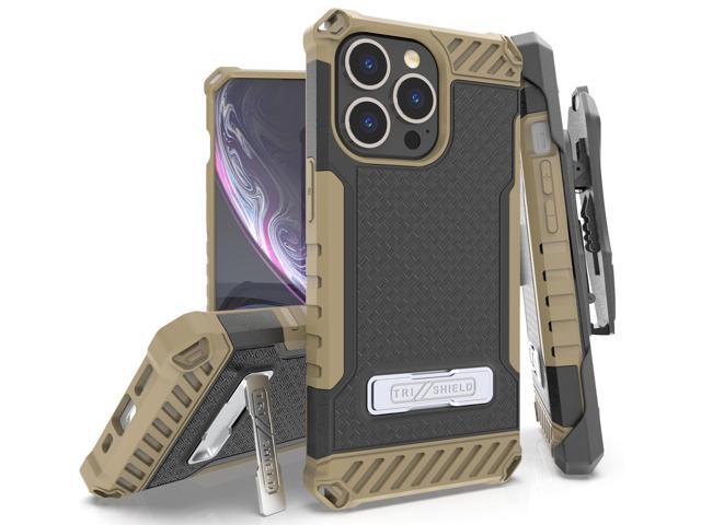 Brown Rugged Case Cover with Stand + Belt Clip Holster + Strap for iPhone 13 Pro