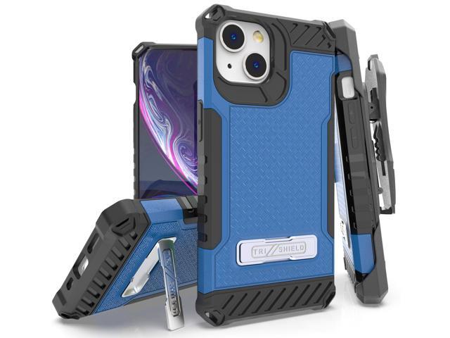Blue Rugged Case Cover with Stand + Belt Clip Holster + Strap for iPhone 13