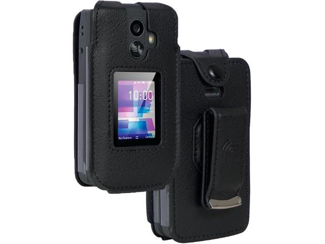 Black Vegan Leather Case with Belt Clip Screen/Keypad Cover for TCL Flip 3 Phone