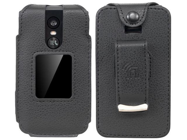 Black Vegan Leather Case Belt Clip Screen/Keypad Cover for TCL Flip 4 5G Phone