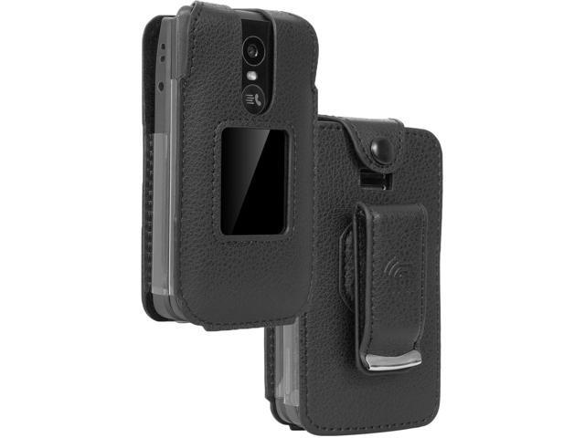 Black Vegan Leather Case Belt Clip Screen/Keypad Cover for TCL Flip 4 5G Phone