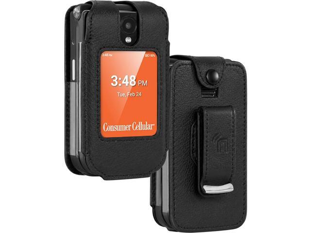 Black Vegan Leather Case with Belt Clip Screen Cover for Iris Easy Flip 2 Phone