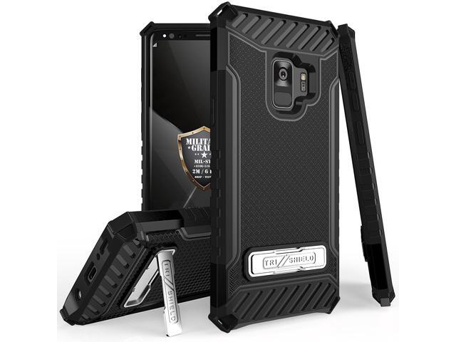 BLACK TRI-SHIELD RUGGED CASE COVER KICKSTAND LANYARD STRAP FOR SAMSUNG GALAXY S9