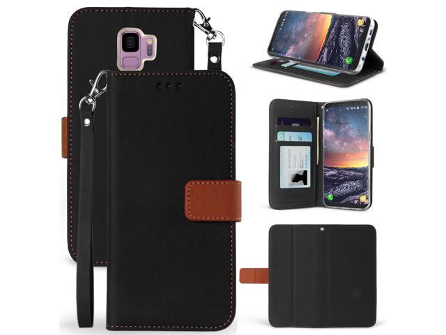 BLACK/BROWN WALLET CASE STAND + WRIST STRAP FOR SAMSUNG GALAXY S9