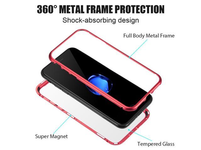 Red Magnetic Snap Case Cover Clear Tempered Glass Back for Apple iPhone 8/7