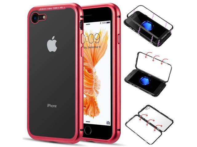 Red Magnetic Snap Case Cover Clear Tempered Glass Back for Apple iPhone 8/7