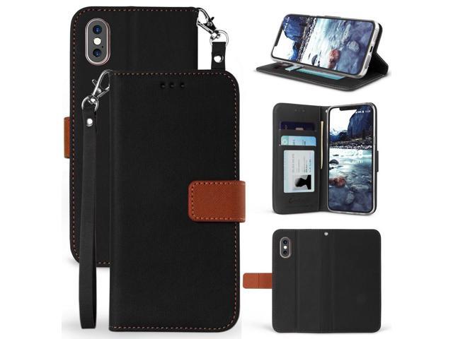 Black/Brown Wallet Case Cover Stand Wrist Strap for Apple iPhone Xs Max 6.5'