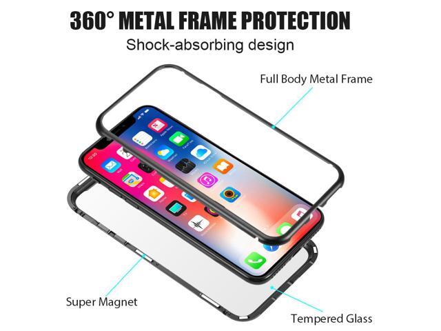 Black Magnetic Snap Case Cover Clear Tempered Glass Back for iPhone Xs, iPhone X