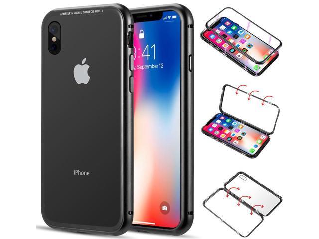 Black Magnetic Snap Case Cover Clear Tempered Glass Back for iPhone Xs, iPhone X