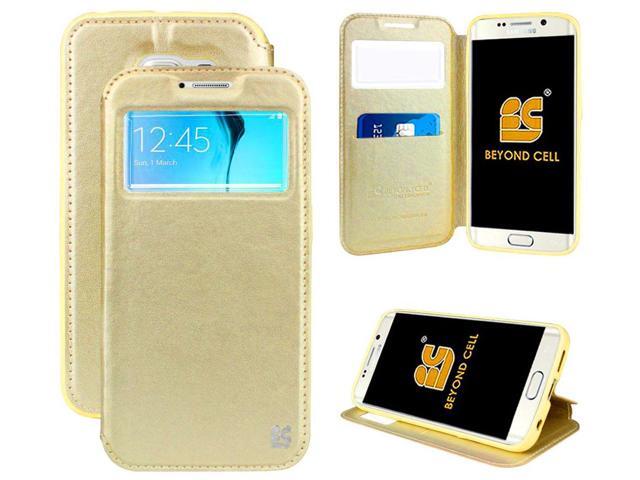 GOLD INFOLIO WINDOW WALLET CREDIT ID CARD CASE STAND FOR SAMSUNG GALAXY S6 EDGE
