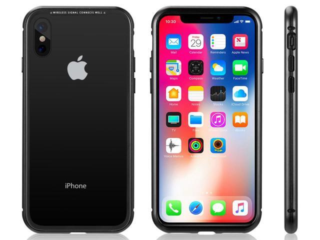Black Magnetic Snap Case Cover Clear Tempered Glass Back for iPhone Xs, iPhone X