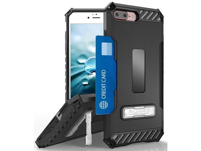 BLACK RUGGED CASE CREDIT CARD SLOT COVER + WRIST STRAP FOR iPHONE 8 PLUS, 7PLUS