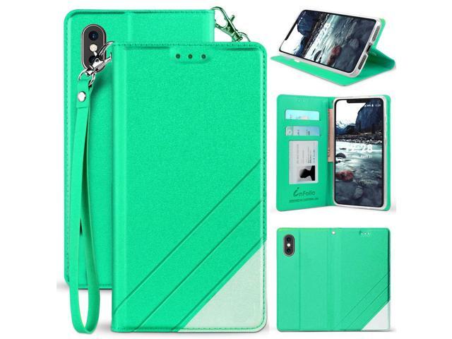 Mint Wallet Case Card Slot Cover Stand Wrist Strap for Apple iPhone Xs Max 6.5'