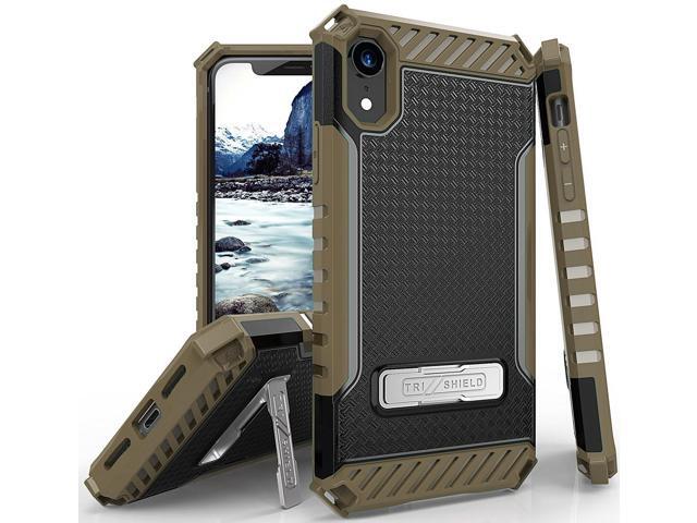 Brown Tri-Shield Rugged Case Cover Metal Stand + Strap for Apple iPhone XR 6.1'