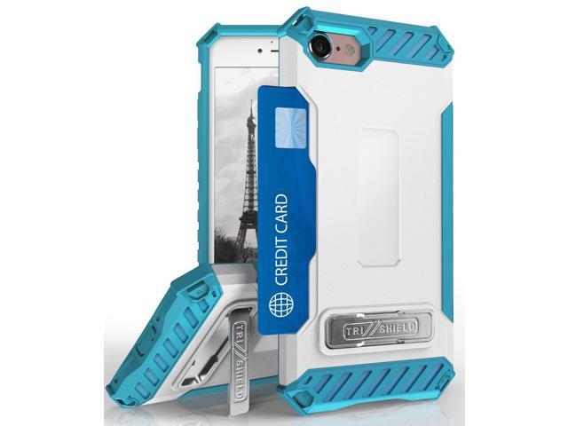 WHITE TURQUOISE RUGGED CASE CREDIT CARD SLOT COVER + WRIST STRAP FOR iPHONE 8/7