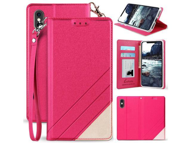 Pink Wallet Case ID Slot Cover Stand Lanyard Strap for Apple iPhone Xs Max 6.5'
