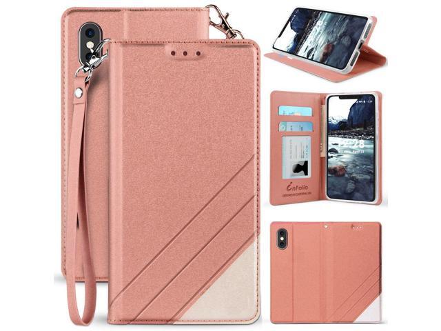 Rose Gold Wallet Case Slot Cover Stand Wrist Strap for Apple iPhone Xs Max 6.5'