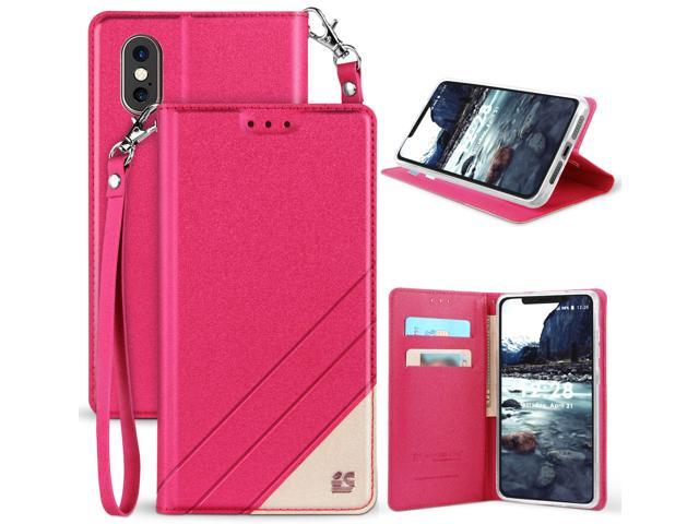PINK INFOLIO WALLET CREDIT CARD SLOT CASE + WRIST STRAP FOR APPLE iPHONE X 10