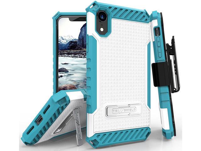 White/Turquoise Rugged Case Cover + Belt Clip Holster for Apple iPhone XR 6.1'